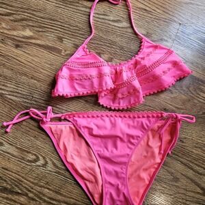 Victorias Secret Bikini Scoop Neck Hot Pink Lace Pom Pom Ruffle Trim Large Small